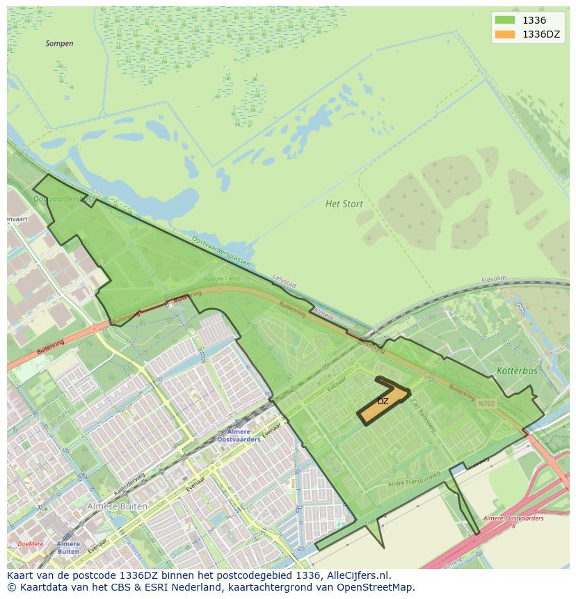 Afbeelding van het postcodegebied 1336 DZ op de kaart.