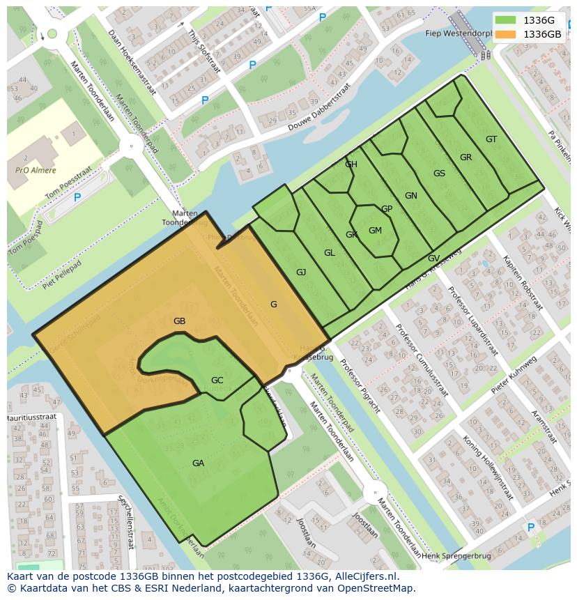 Afbeelding van het postcodegebied 1336 GB op de kaart.