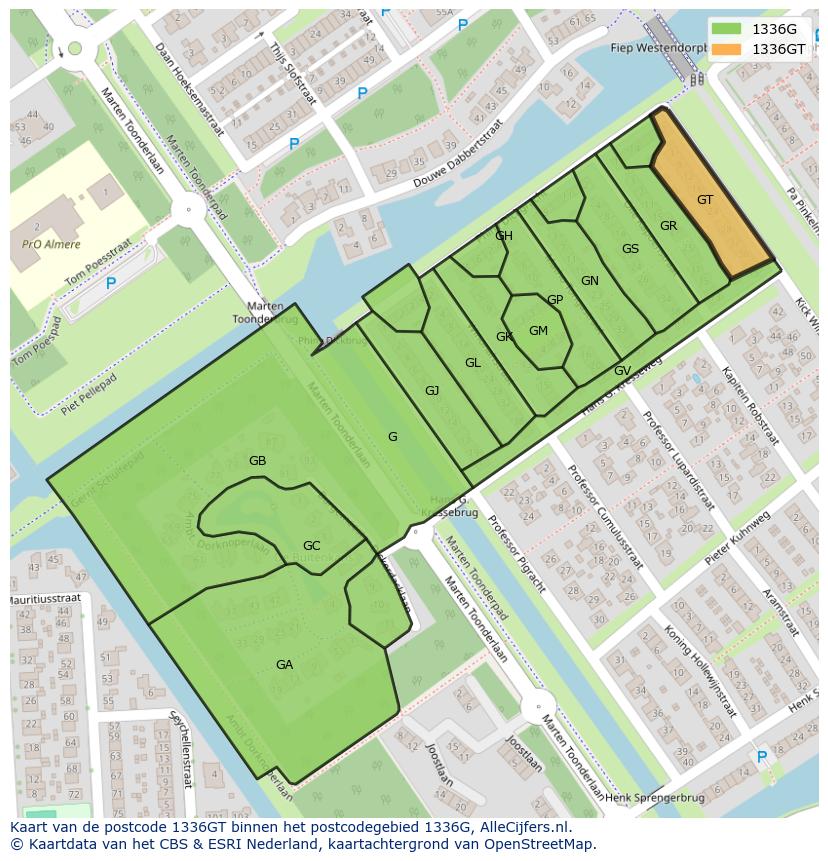 Afbeelding van het postcodegebied 1336 GT op de kaart.