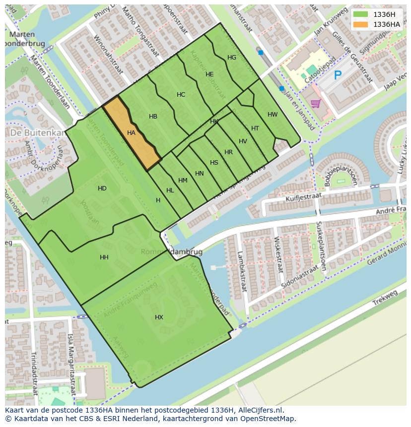 Afbeelding van het postcodegebied 1336 HA op de kaart.