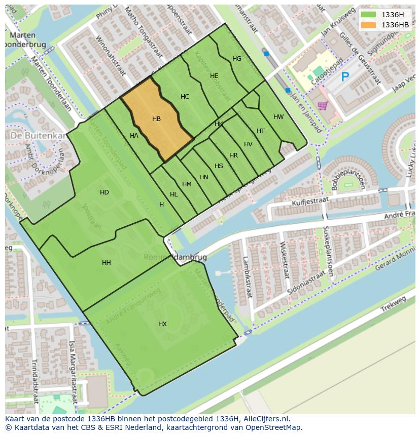 Afbeelding van het postcodegebied 1336 HB op de kaart.
