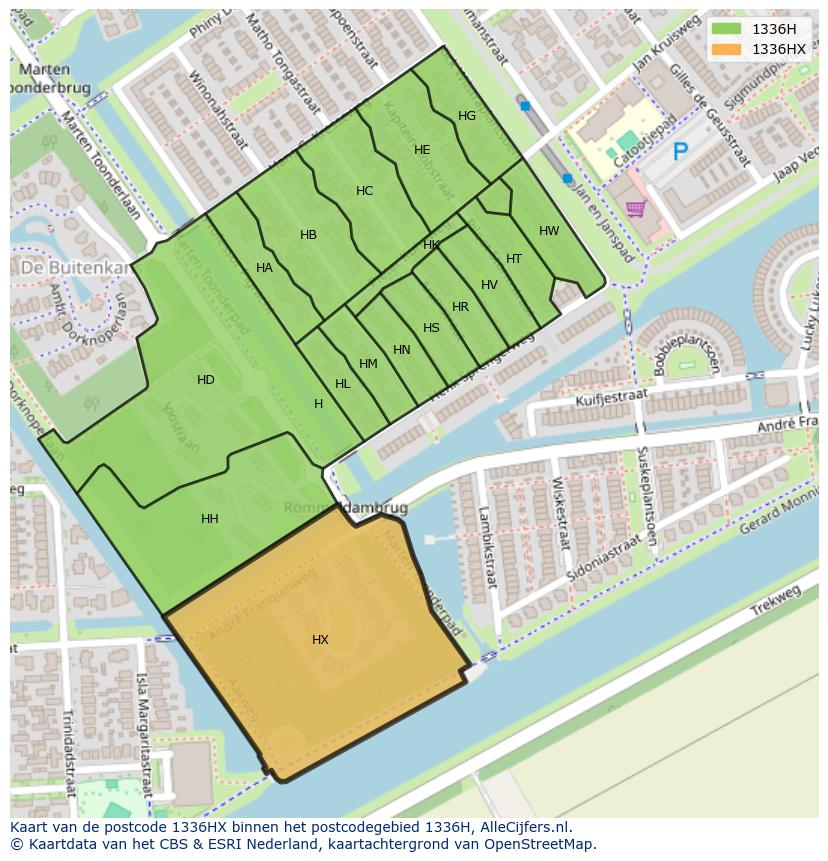 Afbeelding van het postcodegebied 1336 HX op de kaart.