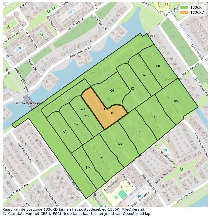 Afbeelding van het postcodegebied 1336 KD op de kaart.