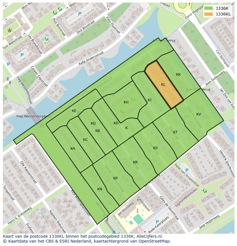 Afbeelding van het postcodegebied 1336 KL op de kaart.