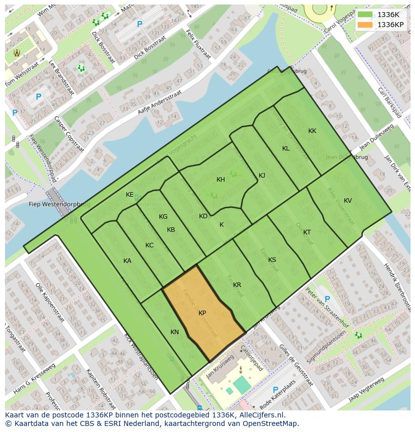 Afbeelding van het postcodegebied 1336 KP op de kaart.