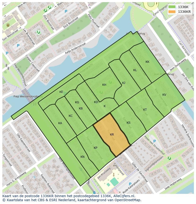 Afbeelding van het postcodegebied 1336 KR op de kaart.
