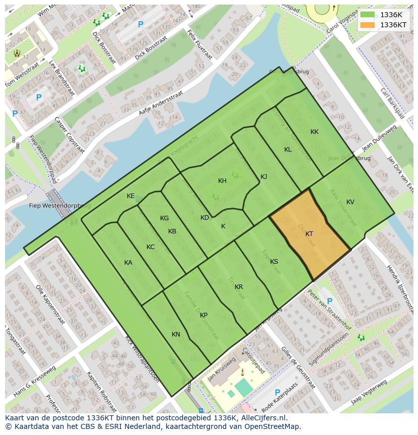 Afbeelding van het postcodegebied 1336 KT op de kaart.