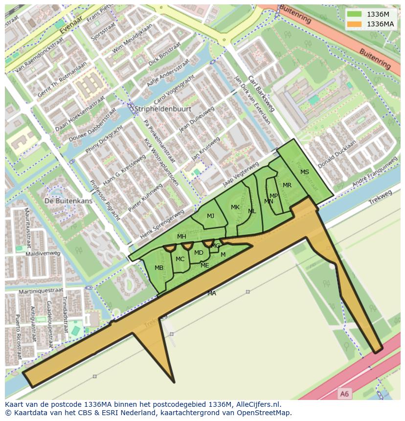 Afbeelding van het postcodegebied 1336 MA op de kaart.