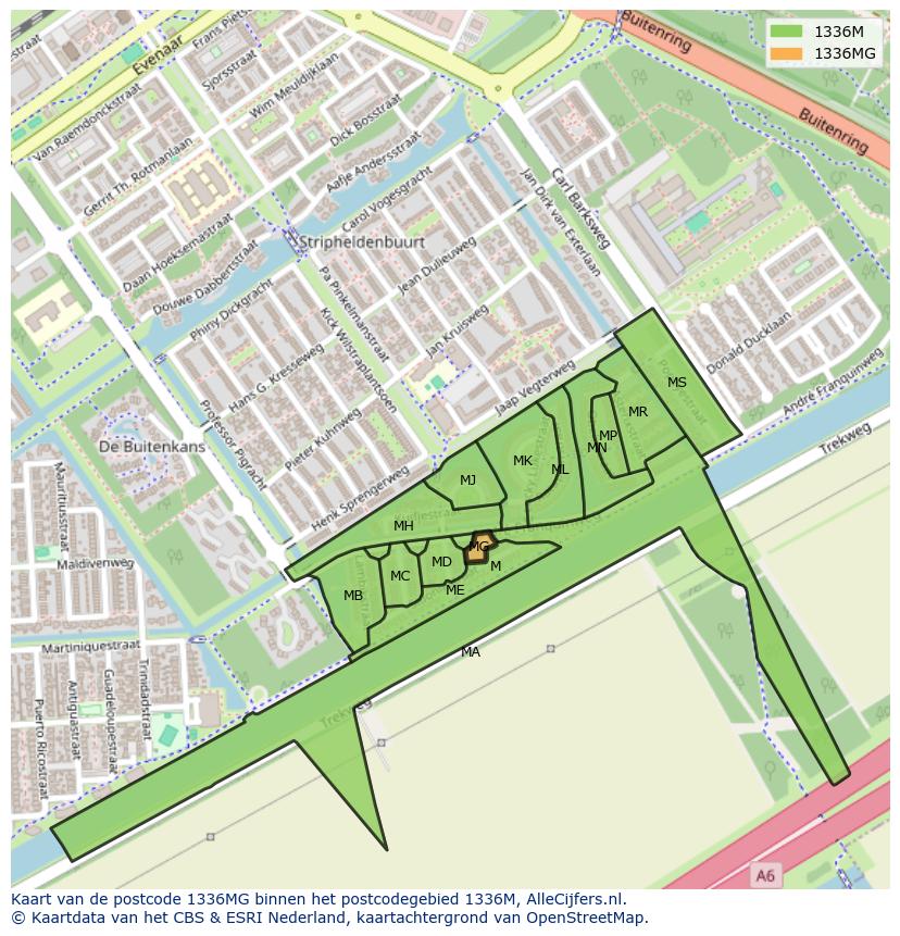 Afbeelding van het postcodegebied 1336 MG op de kaart.