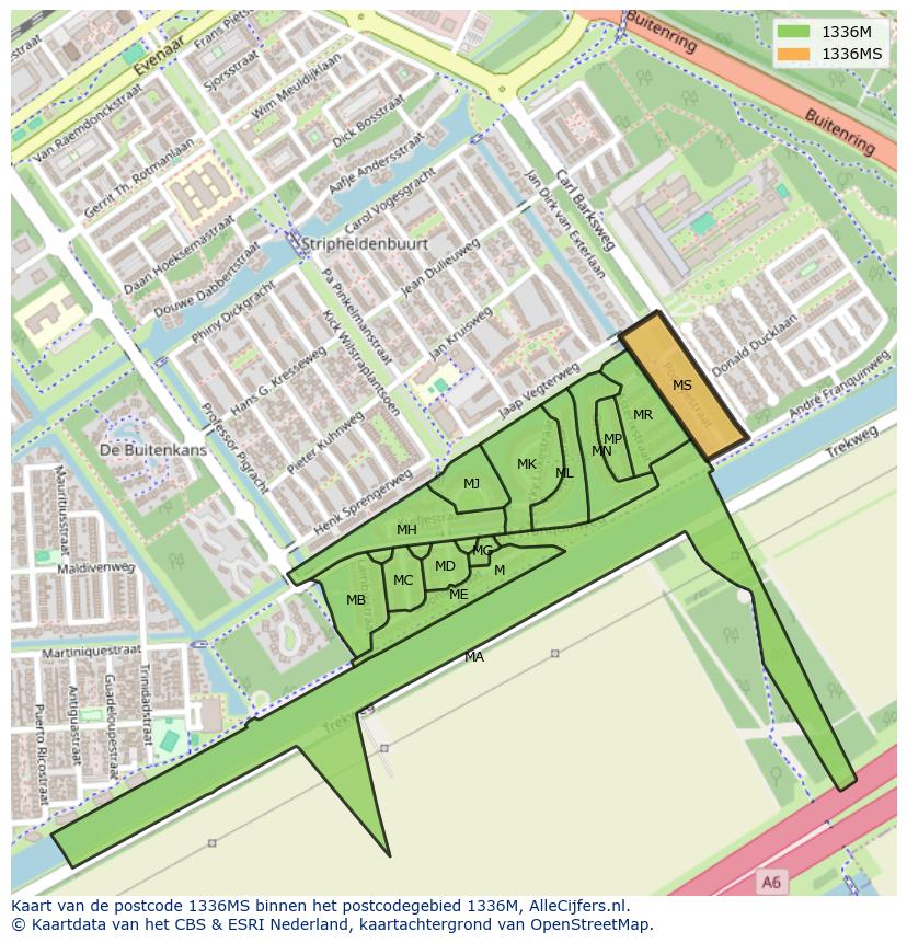 Afbeelding van het postcodegebied 1336 MS op de kaart.