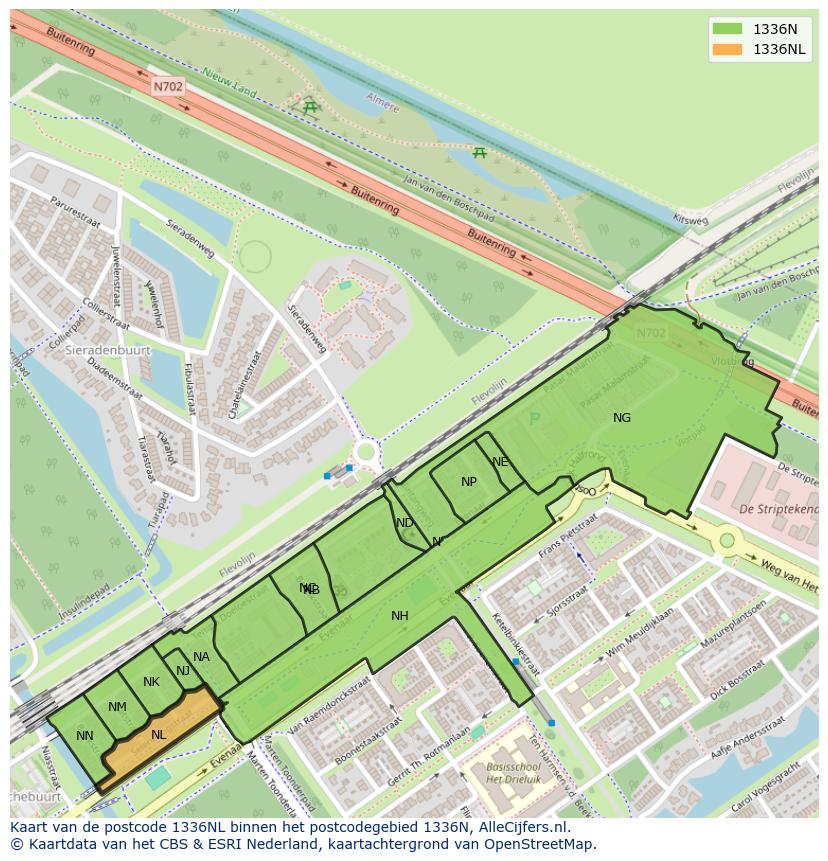 Afbeelding van het postcodegebied 1336 NL op de kaart.
