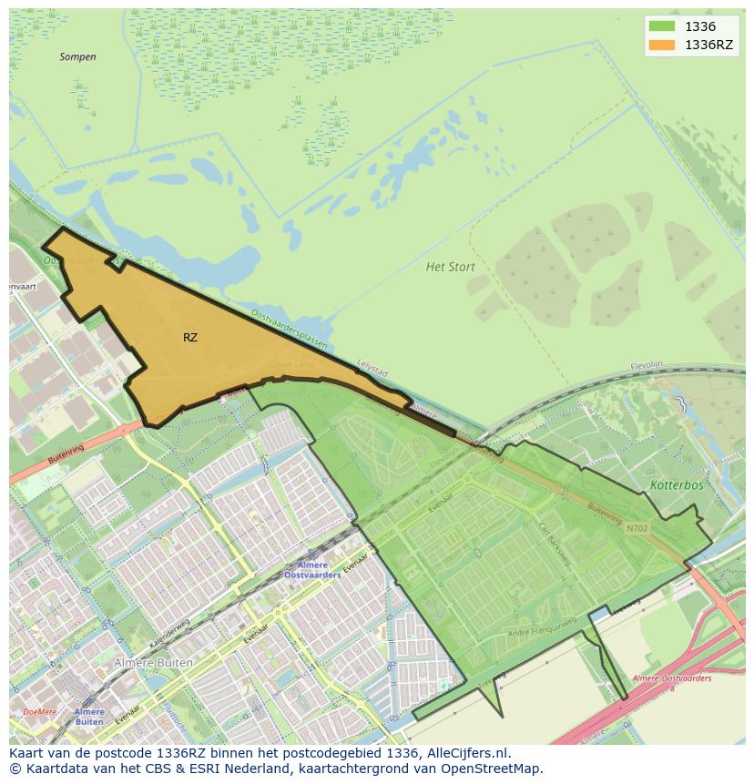 Afbeelding van het postcodegebied 1336 RZ op de kaart.