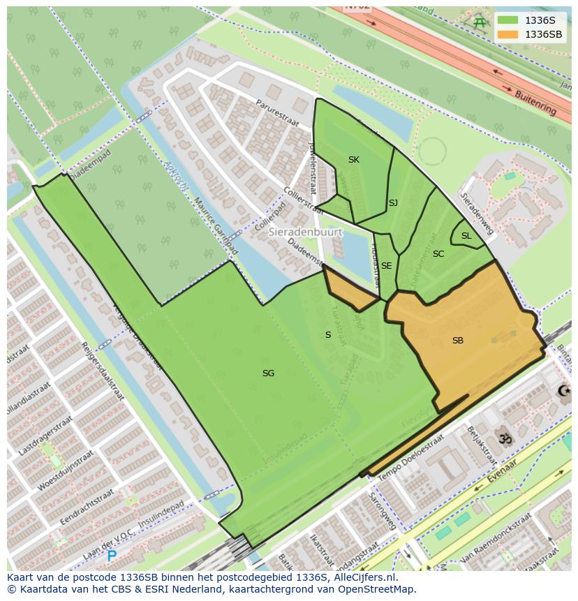 Afbeelding van het postcodegebied 1336 SB op de kaart.