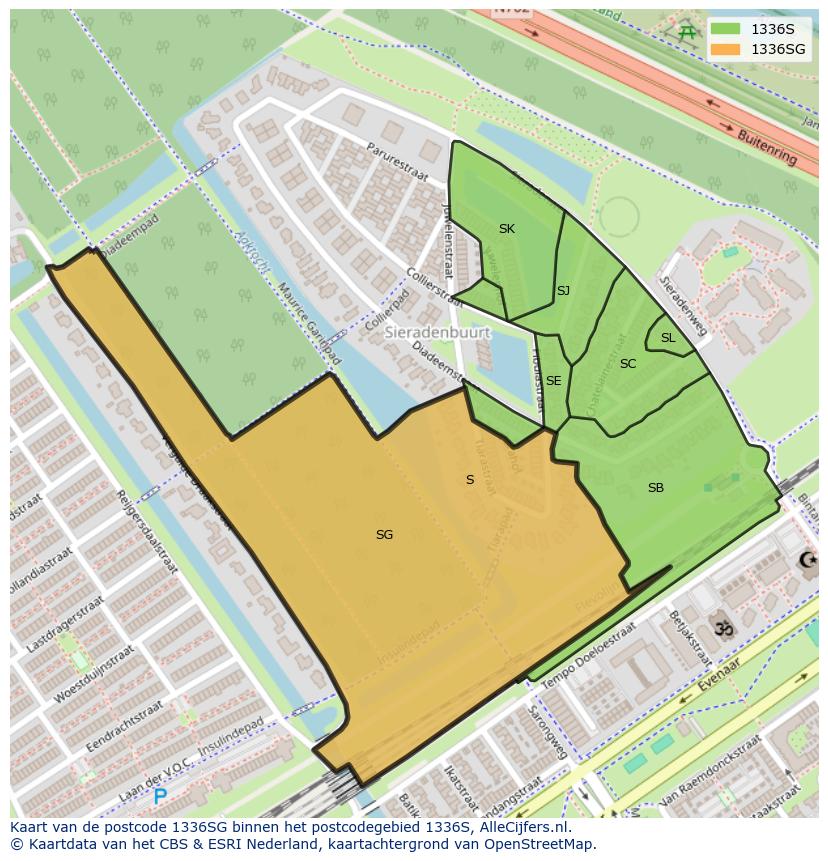 Afbeelding van het postcodegebied 1336 SG op de kaart.