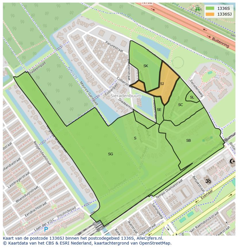 Afbeelding van het postcodegebied 1336 SJ op de kaart.