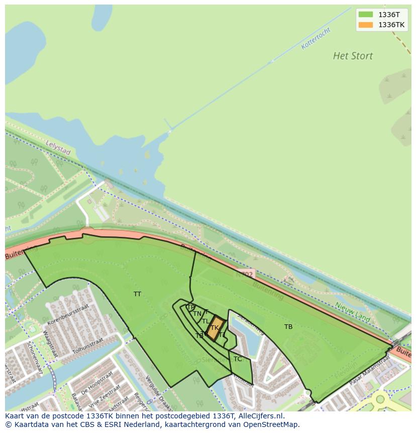Afbeelding van het postcodegebied 1336 TK op de kaart.