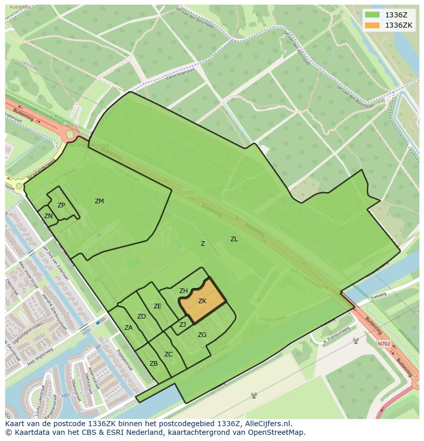 Afbeelding van het postcodegebied 1336 ZK op de kaart.