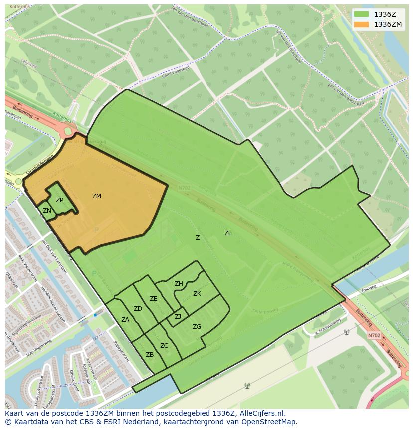 Afbeelding van het postcodegebied 1336 ZM op de kaart.