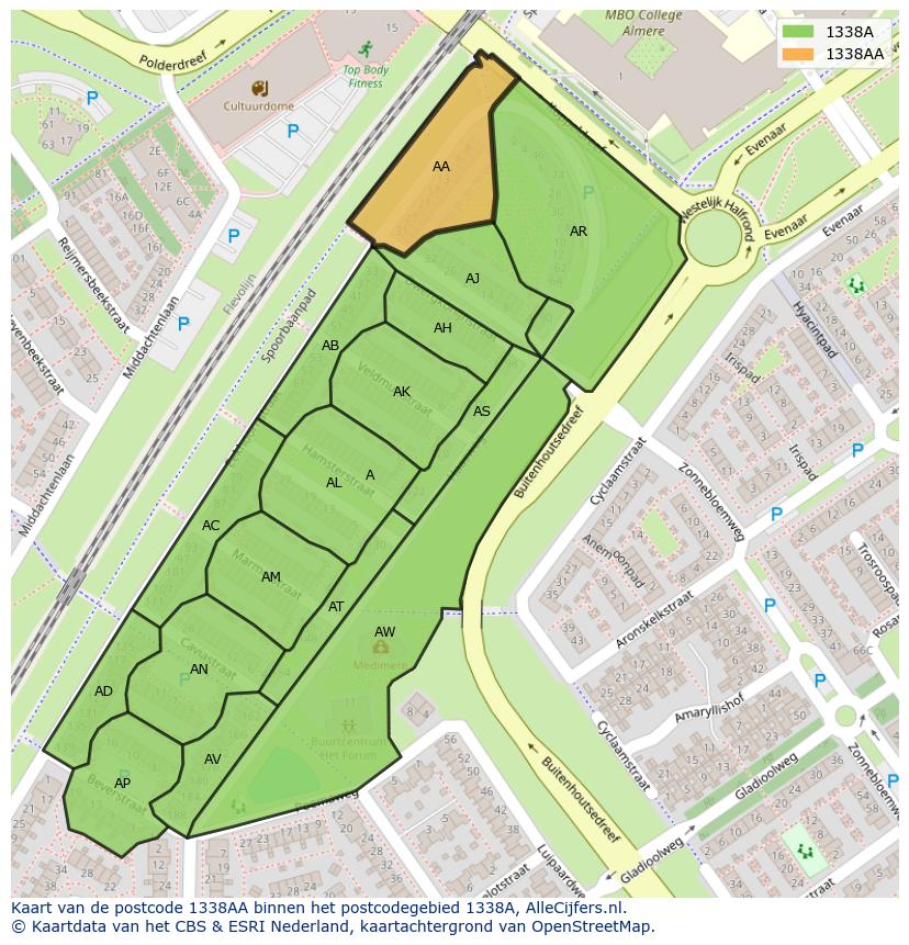 Afbeelding van het postcodegebied 1338 AA op de kaart.