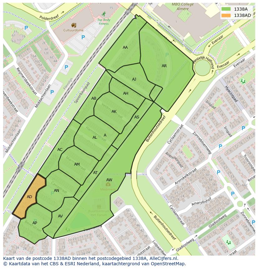 Afbeelding van het postcodegebied 1338 AD op de kaart.