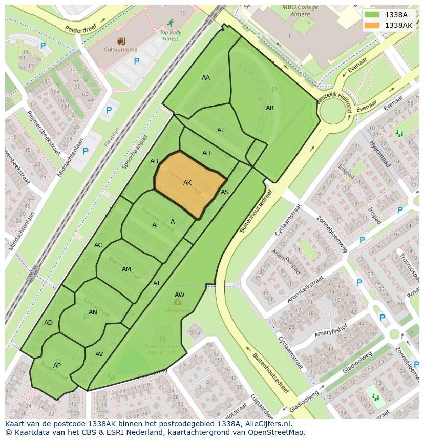 Afbeelding van het postcodegebied 1338 AK op de kaart.