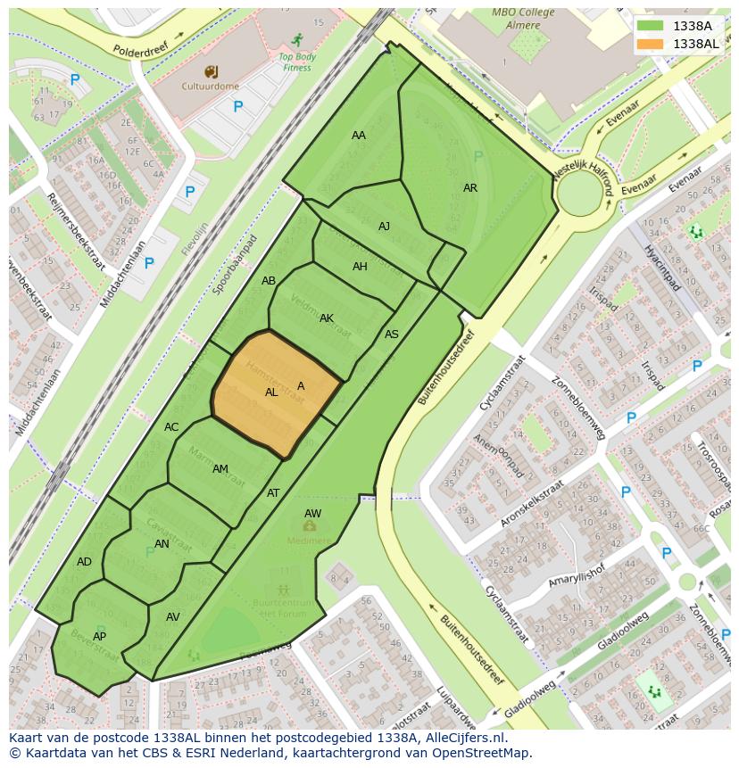 Afbeelding van het postcodegebied 1338 AL op de kaart.