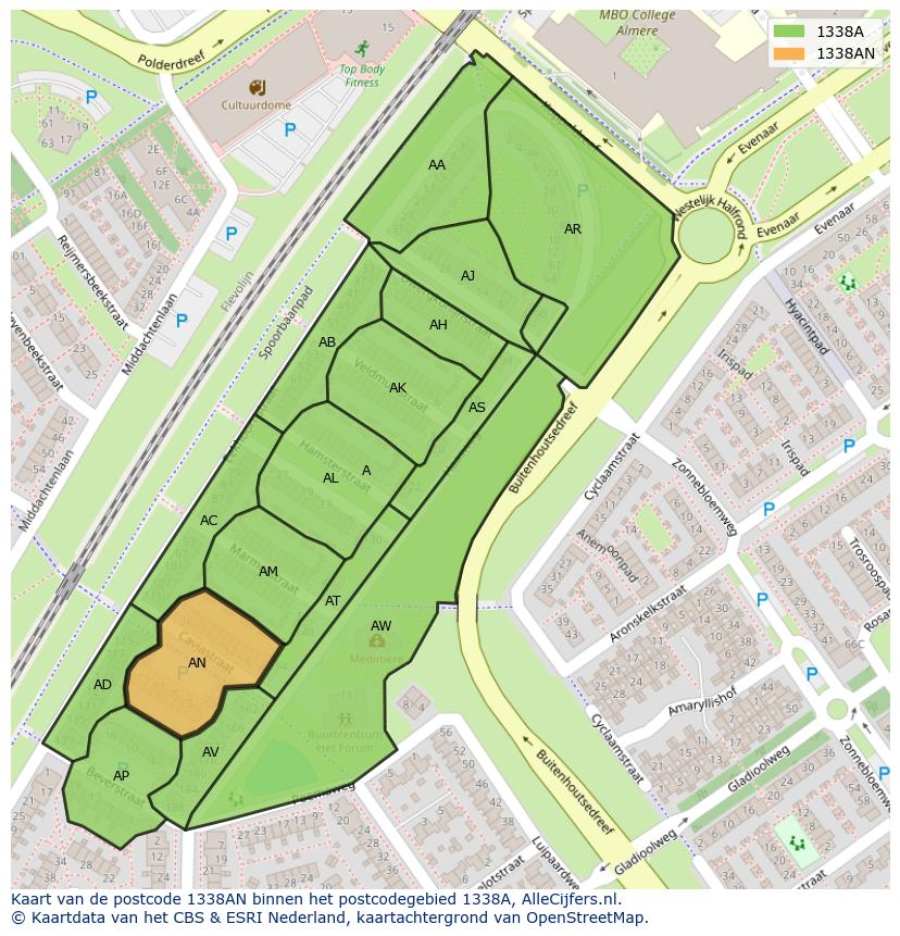 Afbeelding van het postcodegebied 1338 AN op de kaart.