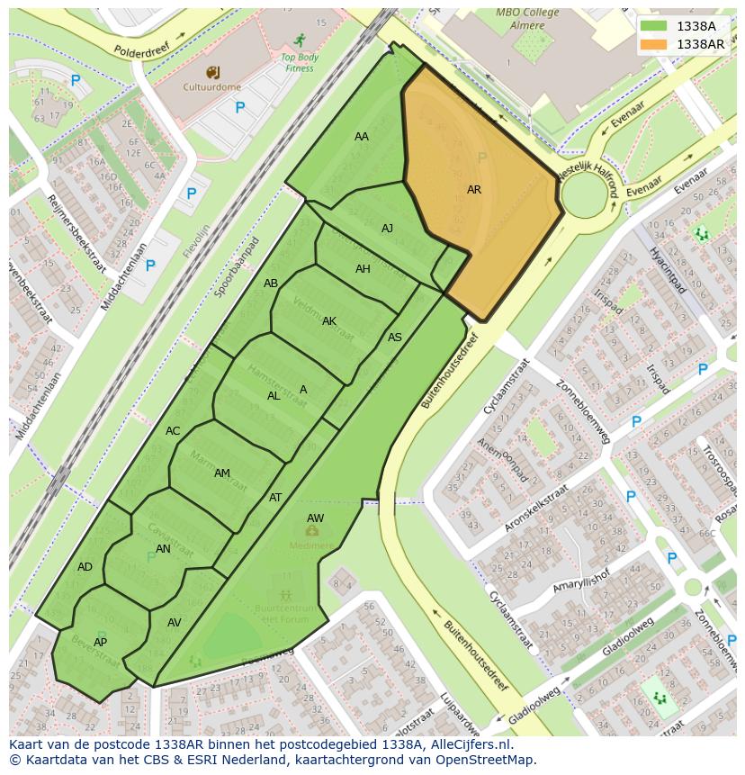 Afbeelding van het postcodegebied 1338 AR op de kaart.
