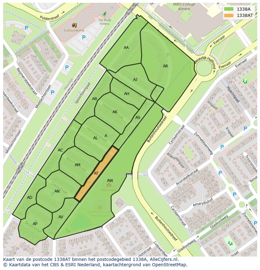 Afbeelding van het postcodegebied 1338 AT op de kaart.