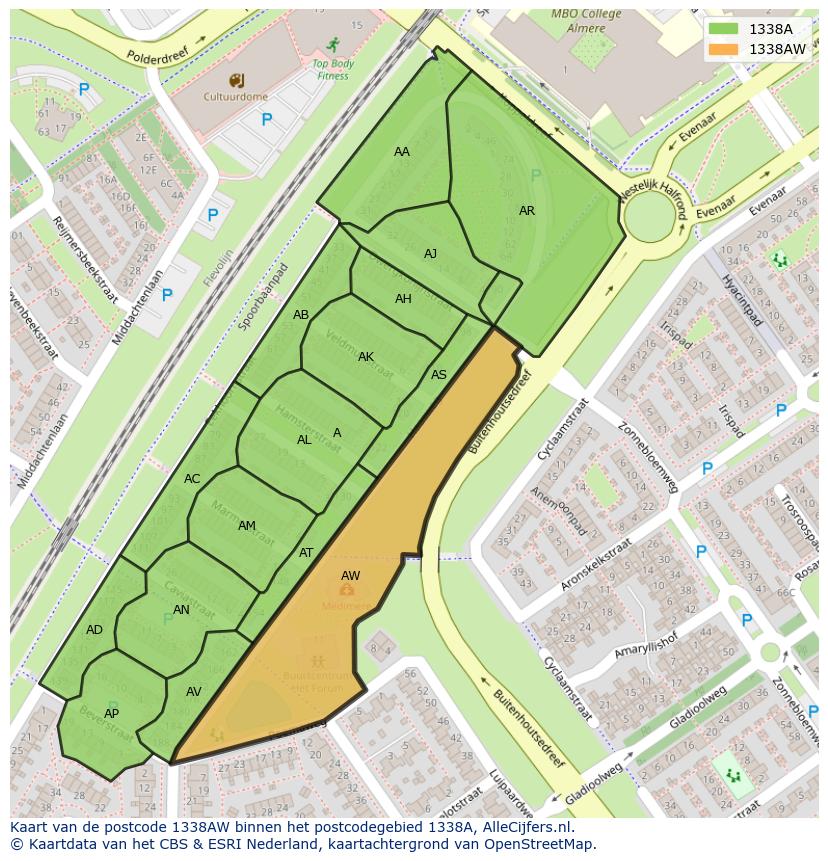 Afbeelding van het postcodegebied 1338 AW op de kaart.