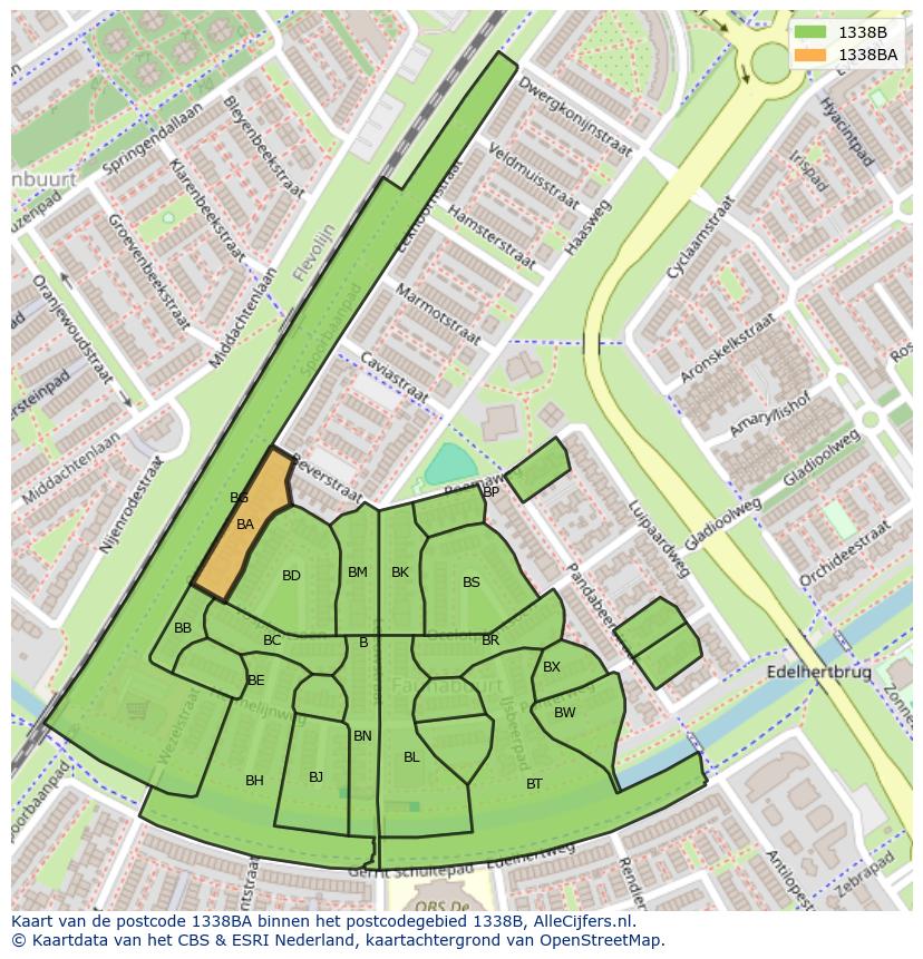 Afbeelding van het postcodegebied 1338 BA op de kaart.
