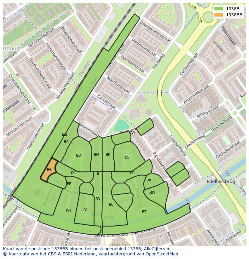 Afbeelding van het postcodegebied 1338 BB op de kaart.