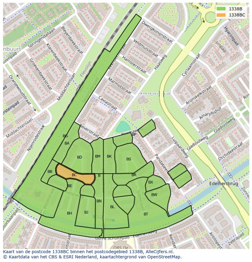 Afbeelding van het postcodegebied 1338 BC op de kaart.
