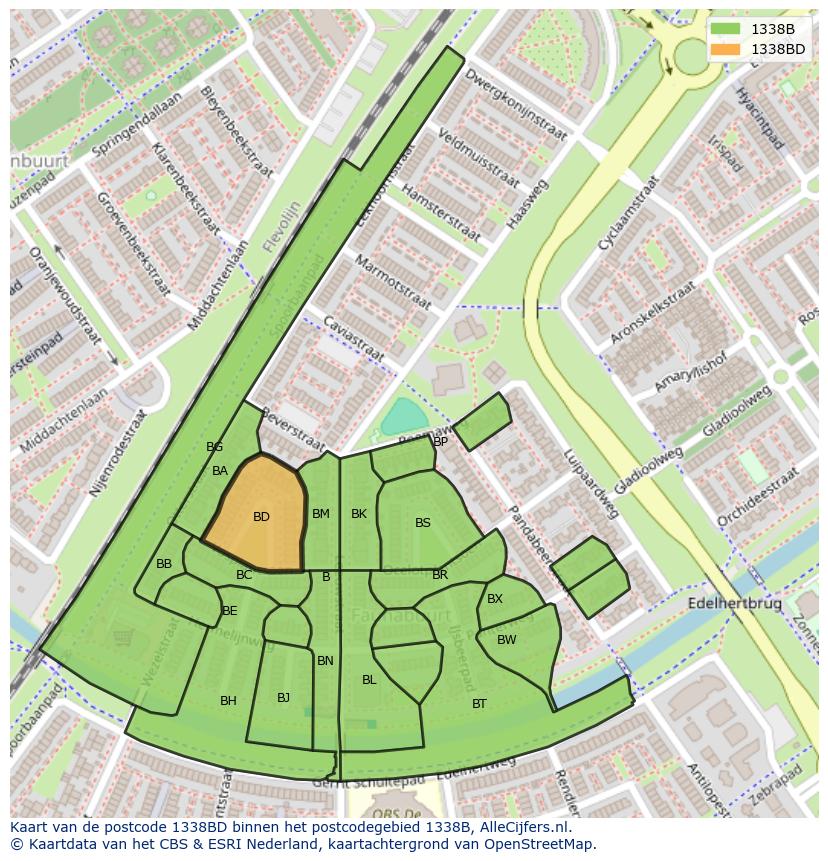 Afbeelding van het postcodegebied 1338 BD op de kaart.