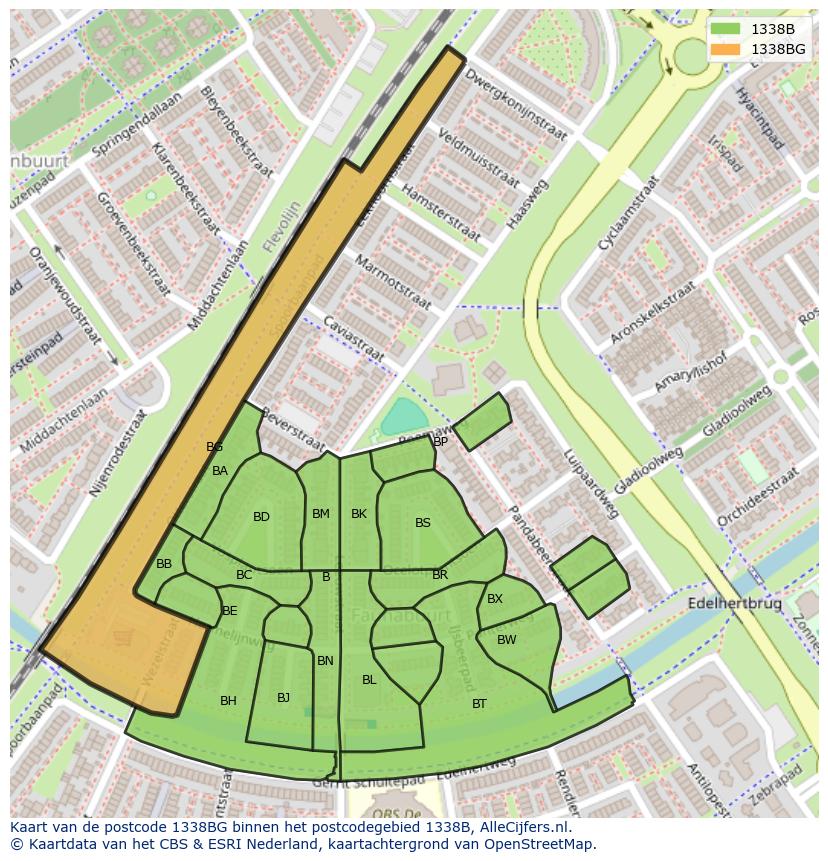Afbeelding van het postcodegebied 1338 BG op de kaart.