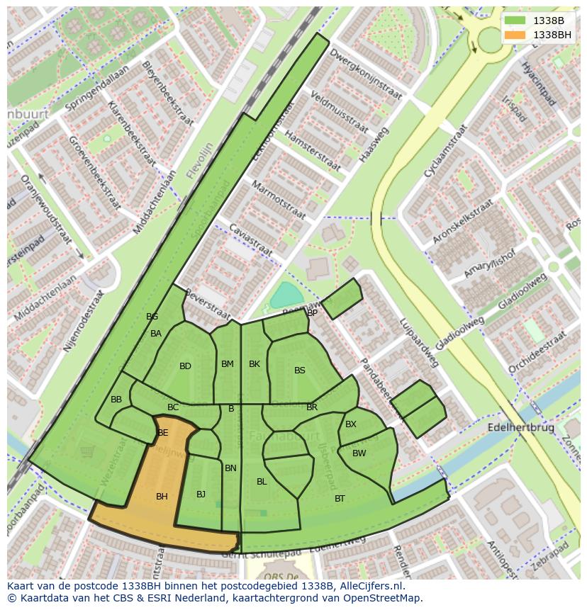 Afbeelding van het postcodegebied 1338 BH op de kaart.
