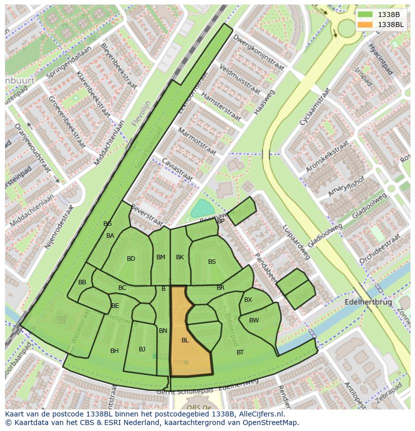 Afbeelding van het postcodegebied 1338 BL op de kaart.