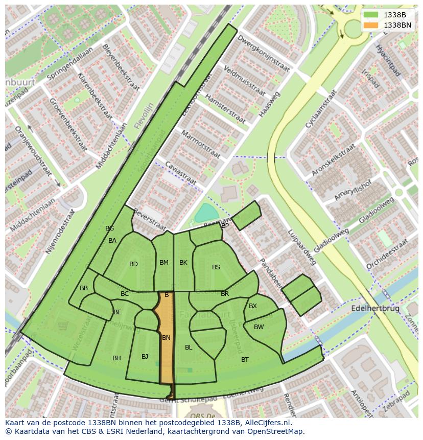 Afbeelding van het postcodegebied 1338 BN op de kaart.