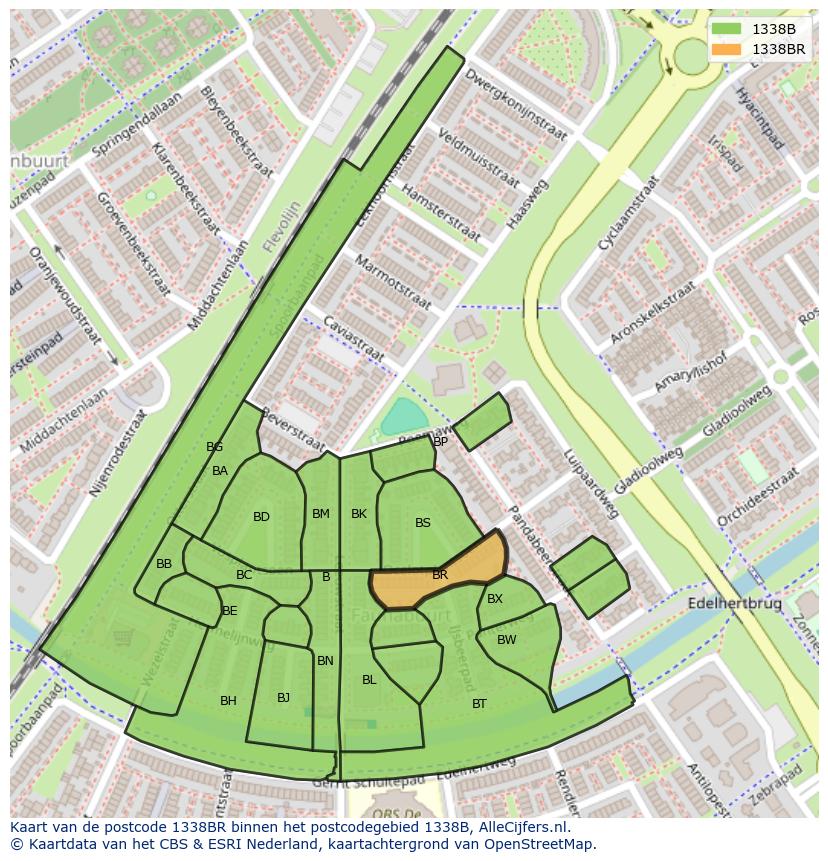 Afbeelding van het postcodegebied 1338 BR op de kaart.