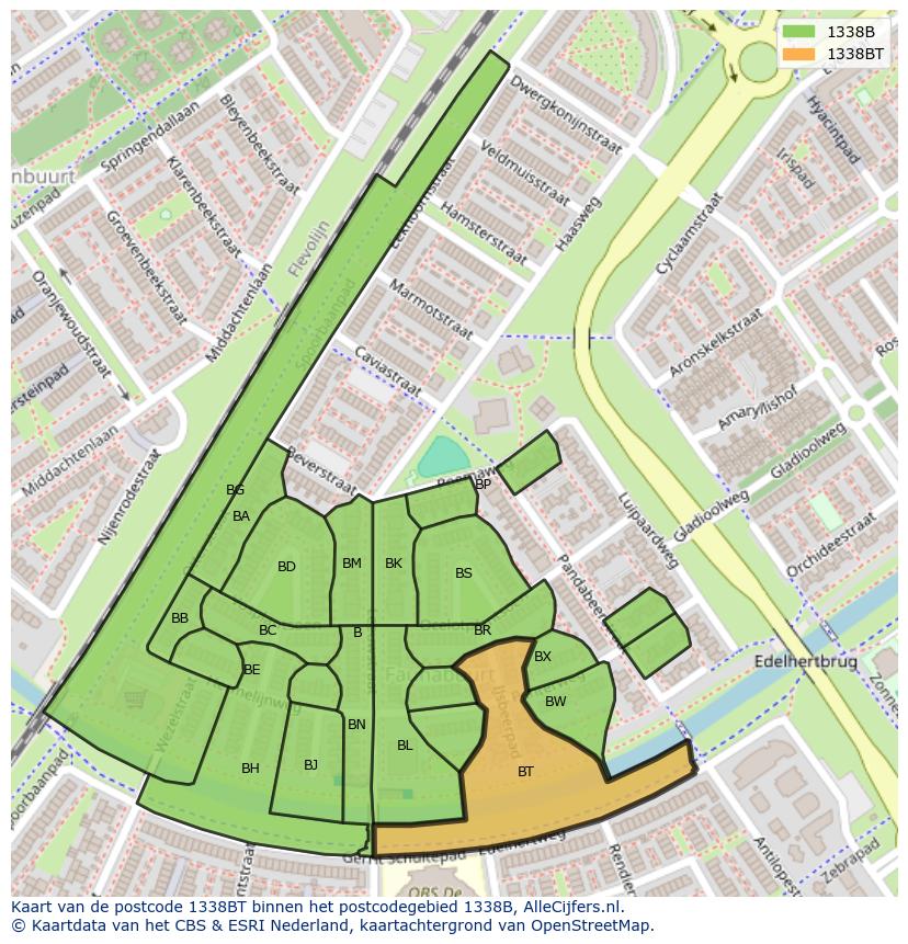 Afbeelding van het postcodegebied 1338 BT op de kaart.