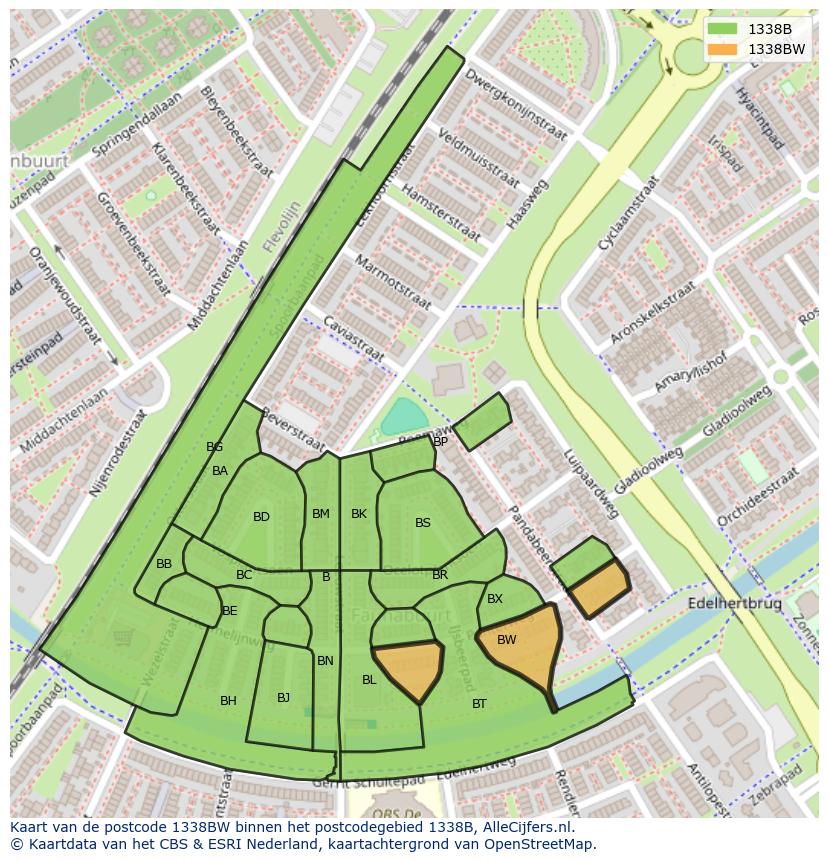 Afbeelding van het postcodegebied 1338 BW op de kaart.