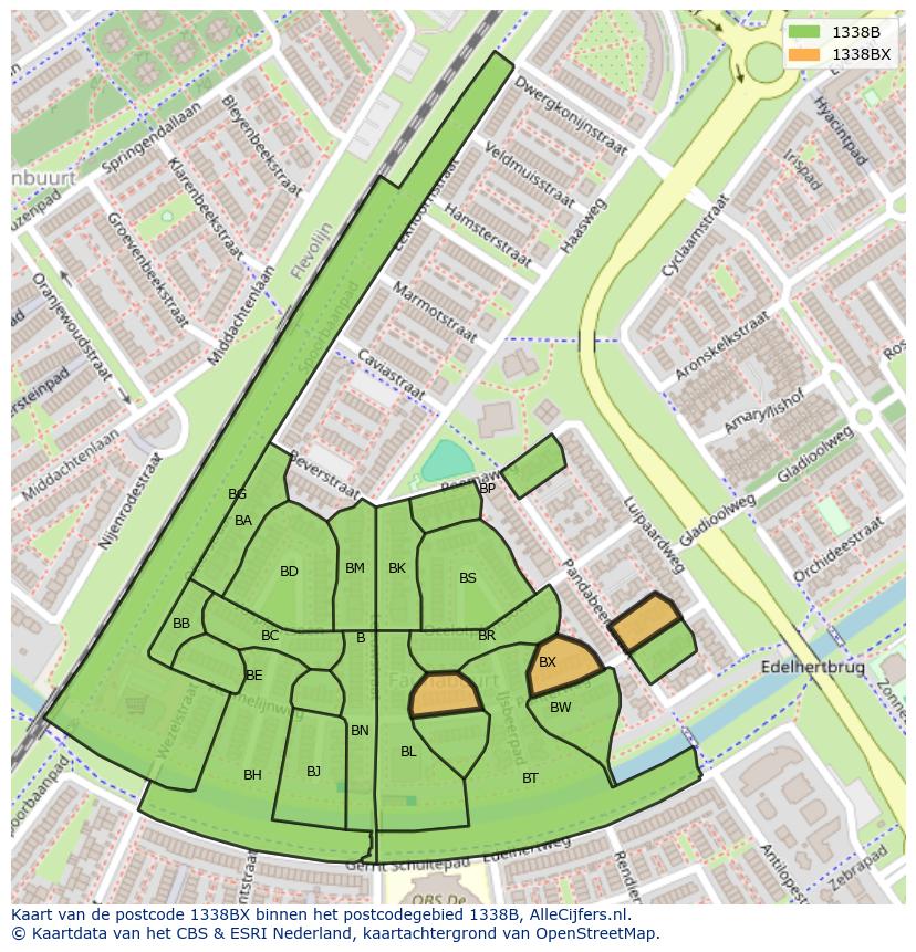 Afbeelding van het postcodegebied 1338 BX op de kaart.