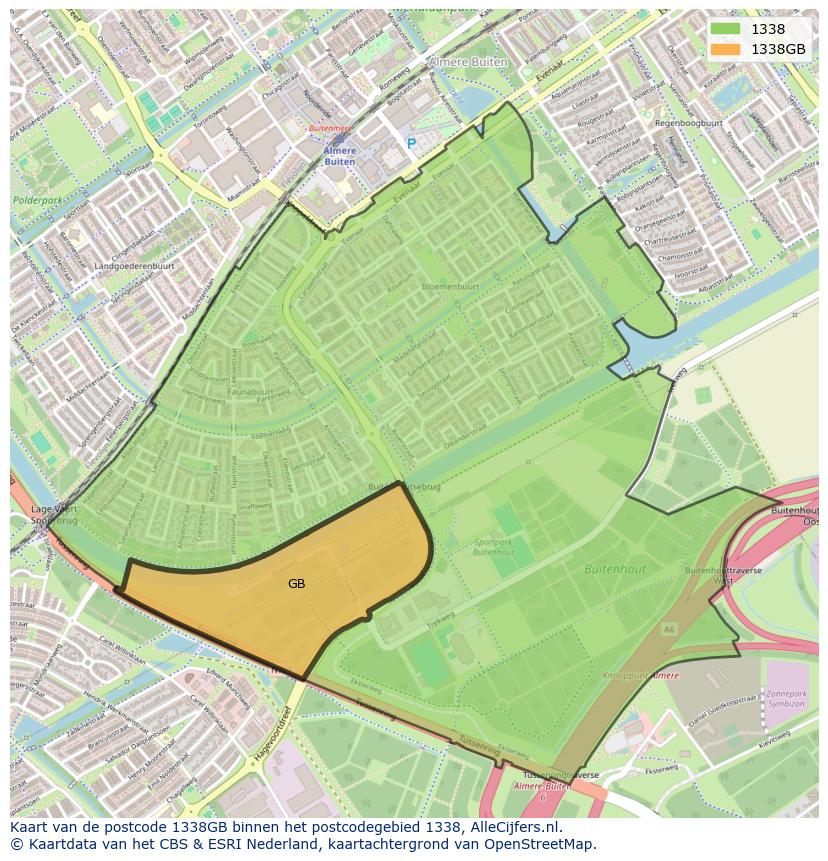 Afbeelding van het postcodegebied 1338 GB op de kaart.