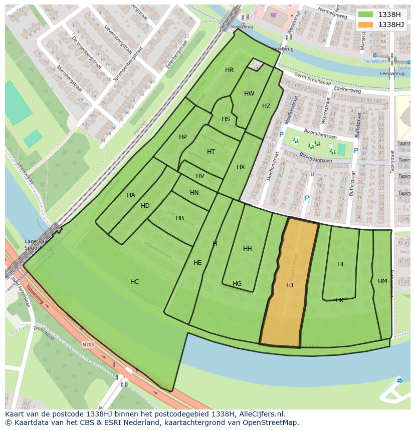 Afbeelding van het postcodegebied 1338 HJ op de kaart.