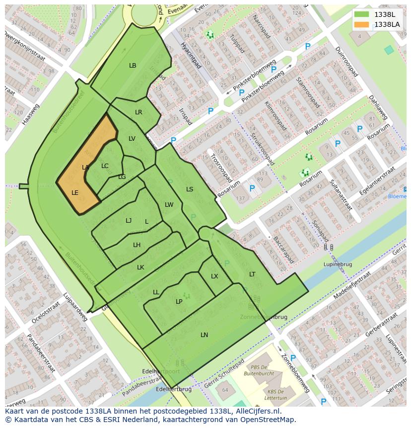 Afbeelding van het postcodegebied 1338 LA op de kaart.