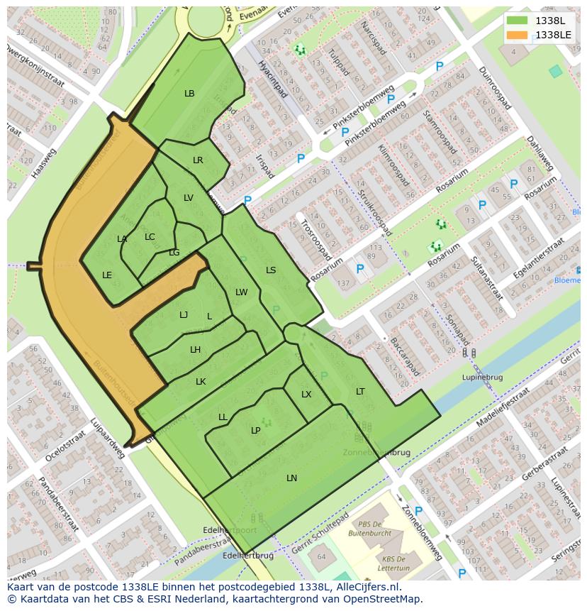 Afbeelding van het postcodegebied 1338 LE op de kaart.