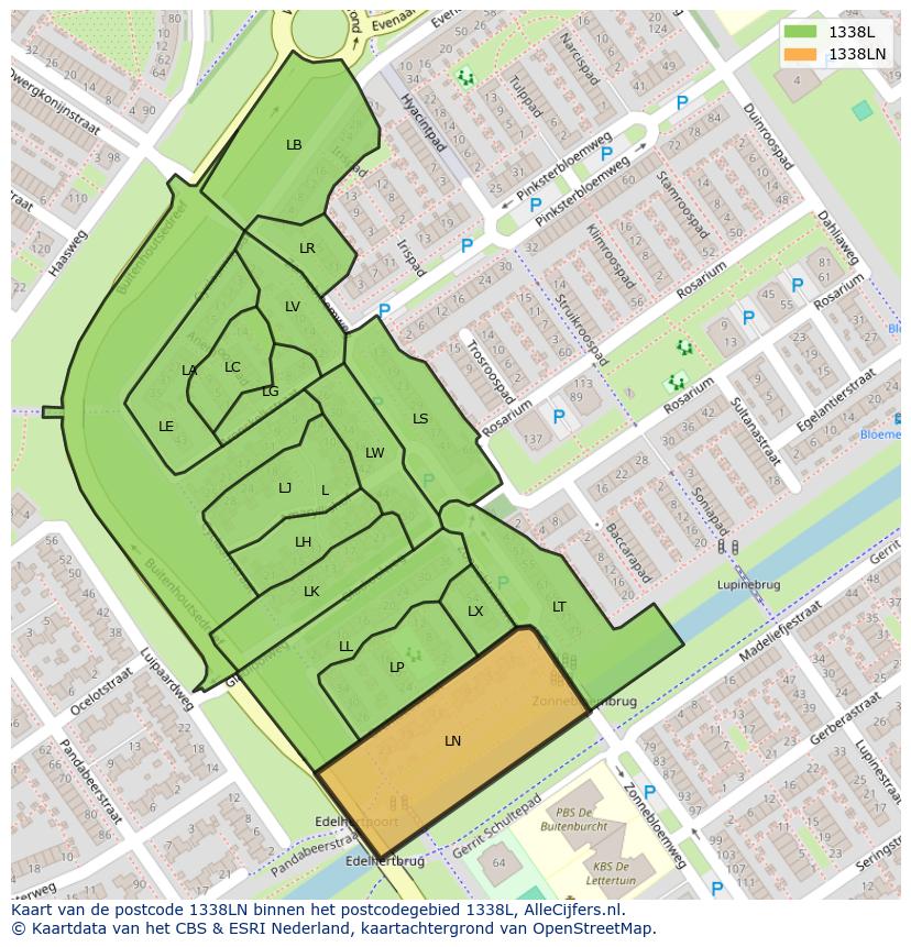 Afbeelding van het postcodegebied 1338 LN op de kaart.