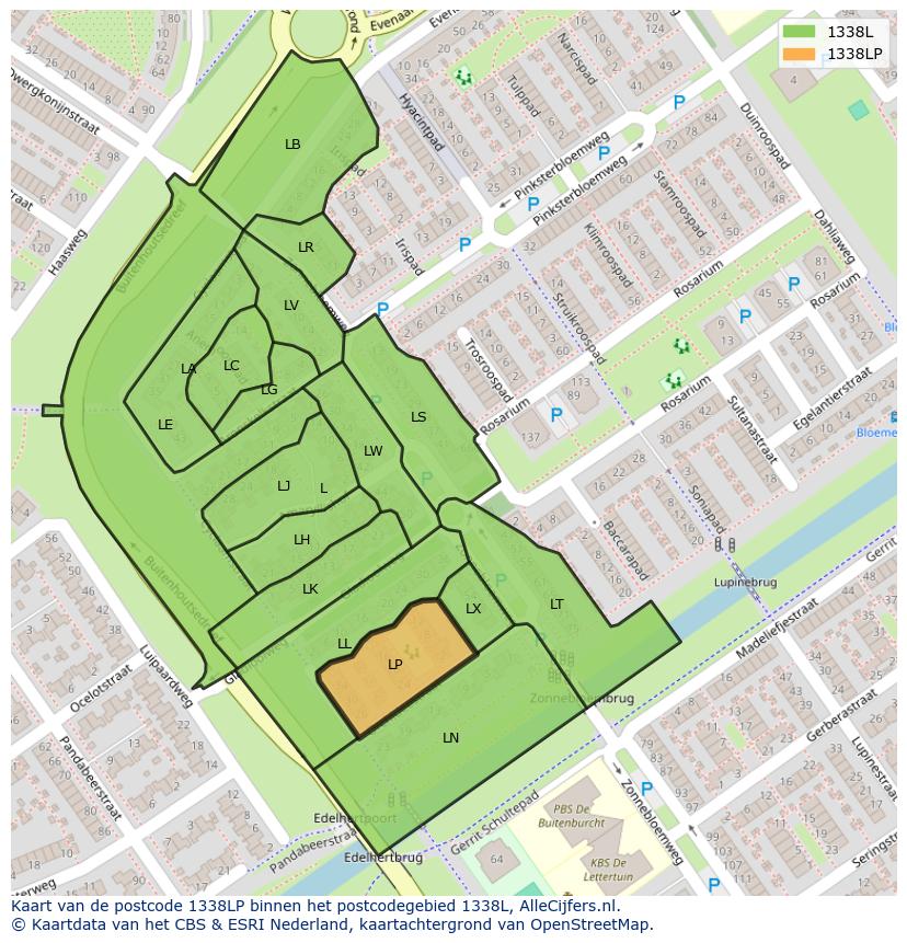 Afbeelding van het postcodegebied 1338 LP op de kaart.