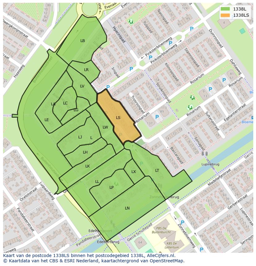 Afbeelding van het postcodegebied 1338 LS op de kaart.