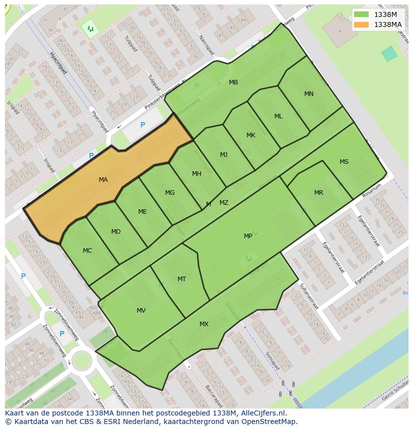 Afbeelding van het postcodegebied 1338 MA op de kaart.